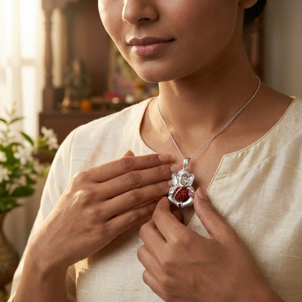 Rudraksha Pendant Inspired By Lord Ganesh With Ruby Gemstone (Silver)