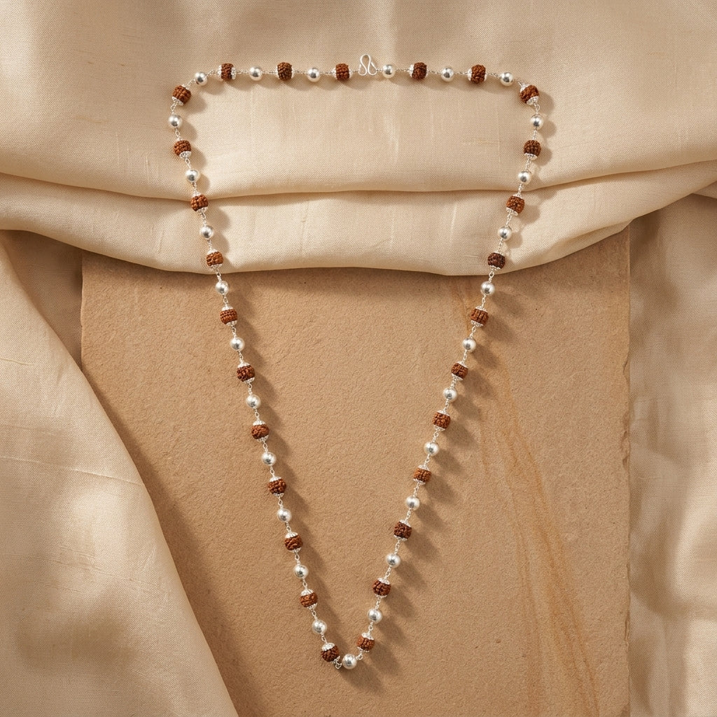 Five Mukhi Rudraksha Mala with Silver capping