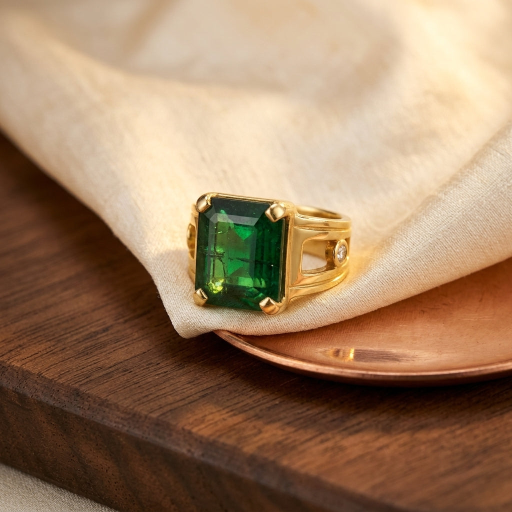 Zambian Emerald Ring Gold Finish In PanchaDhatu and With Moissanite Diamond